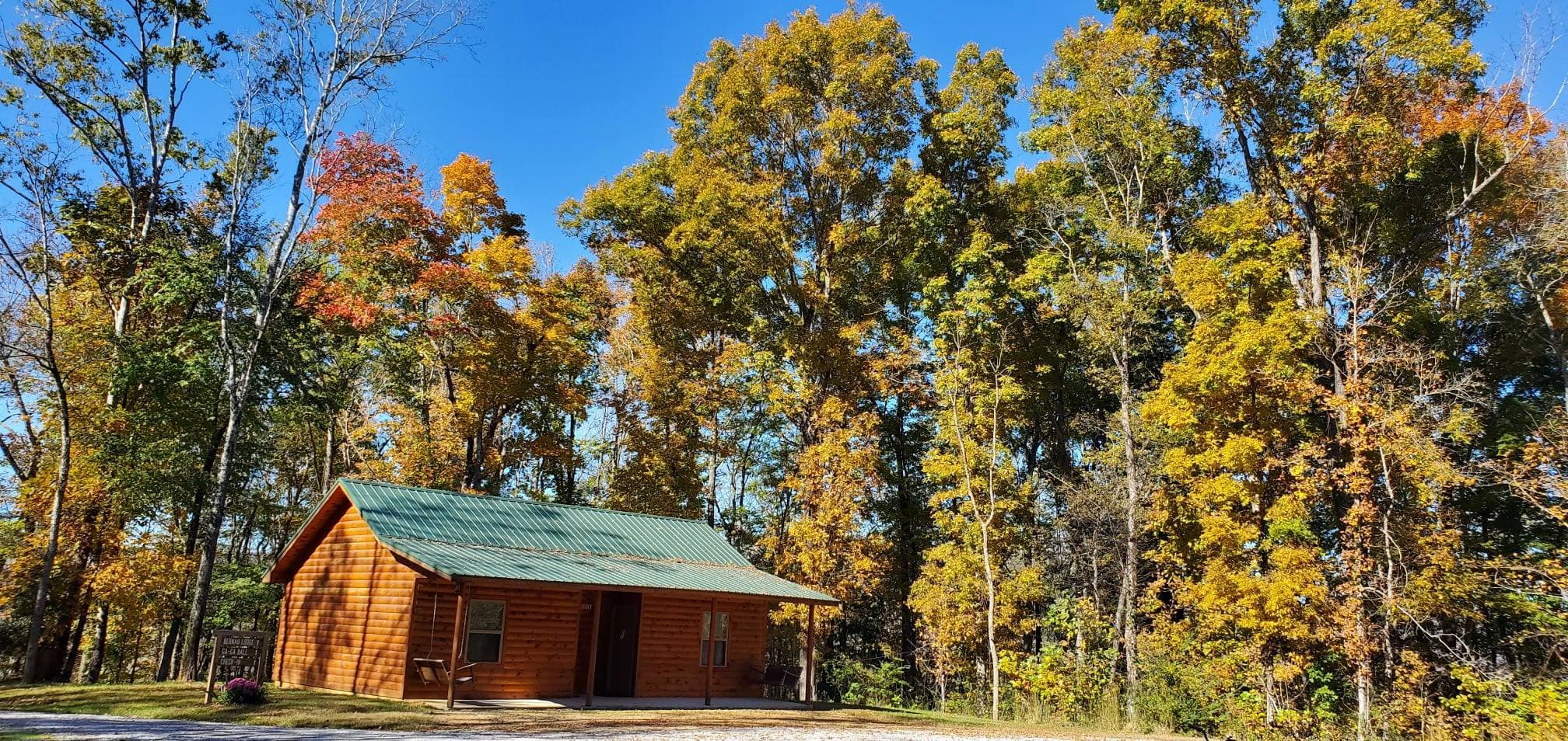 Camp cabin surrounded by tall autumn trees under a blue sky